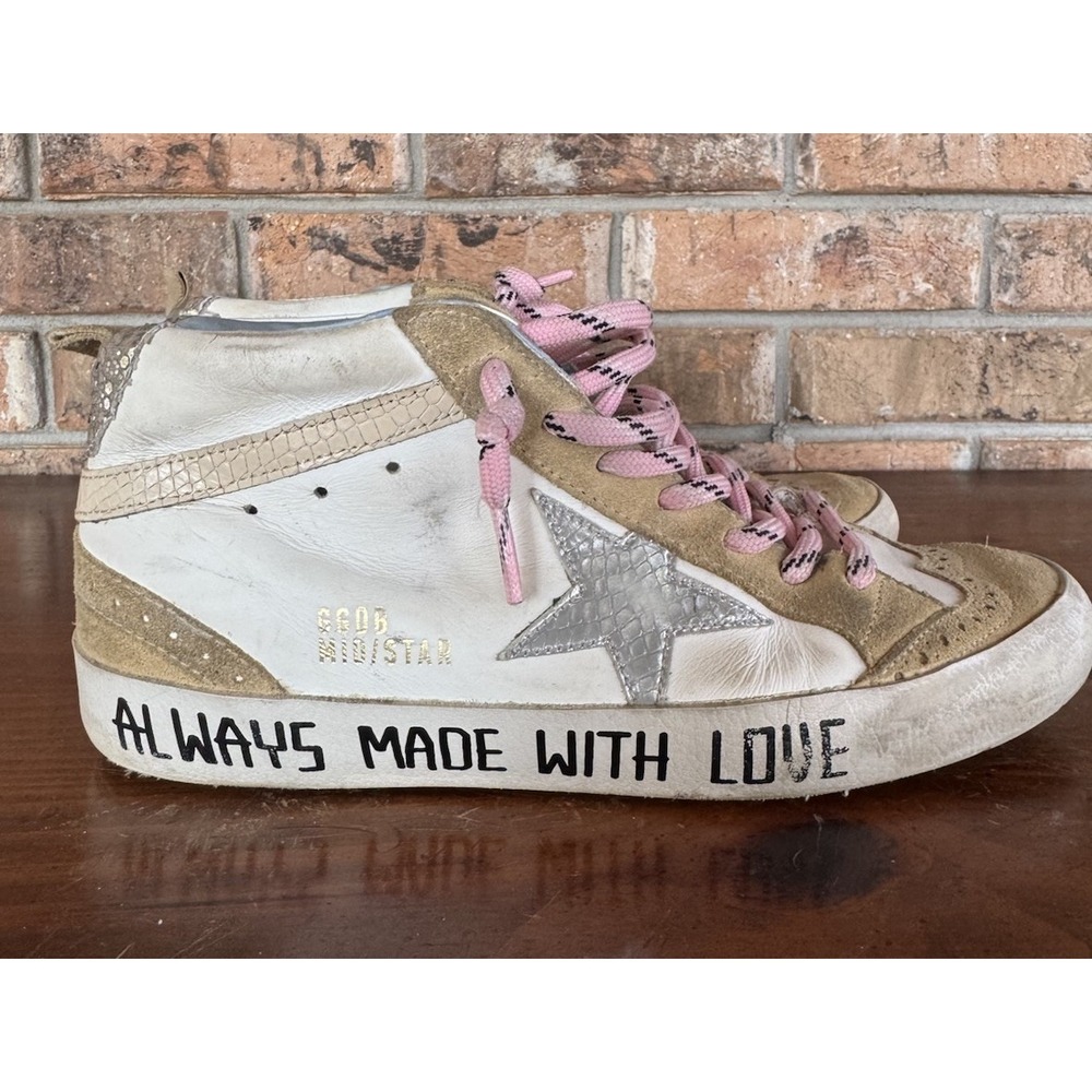 Golden Goose Mid Star High Top Sneakers Gold Glitter Pink Laces Suede Star 38 - Picture 2 of 11